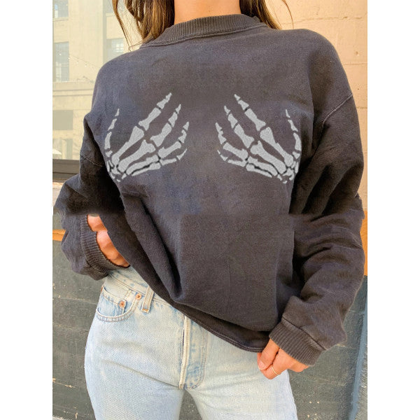 Edgy Bone Hand Print Loose Pullover Sweater