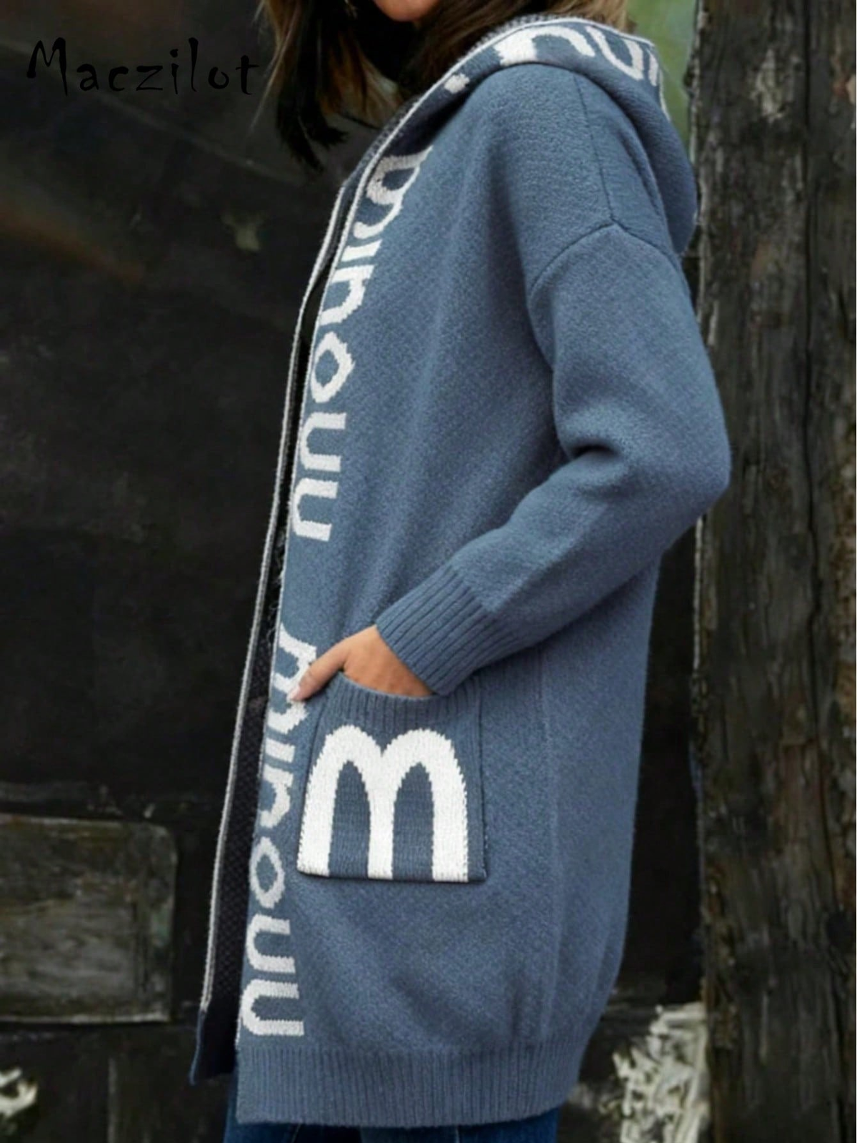 Women Loose Mid-length Hooded Knit Cardigan, Contrast Letter Jacquard Pockets Lazy Style Thick Sweater Coat for Fall Winter