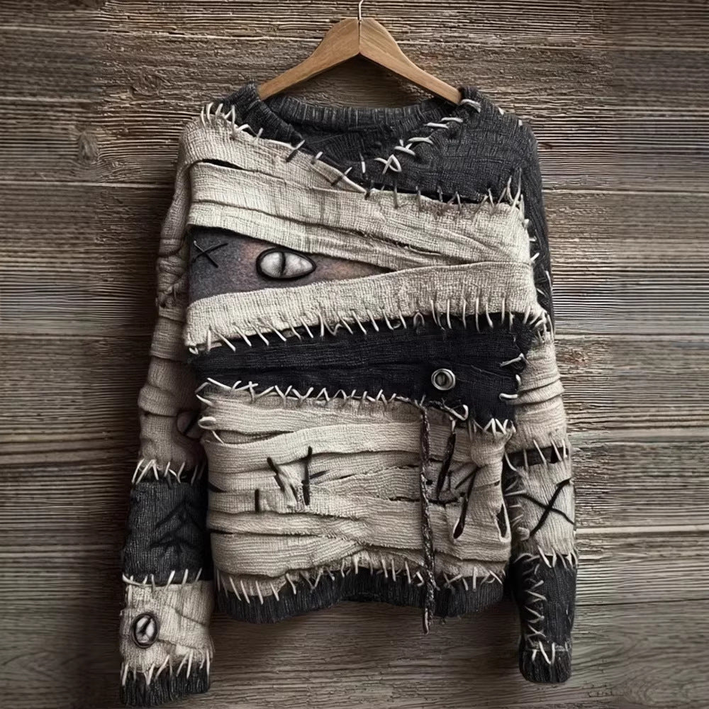 Retro Quirky Loose-fitting Crew-neck Pullover Sweater for Fall and Winter