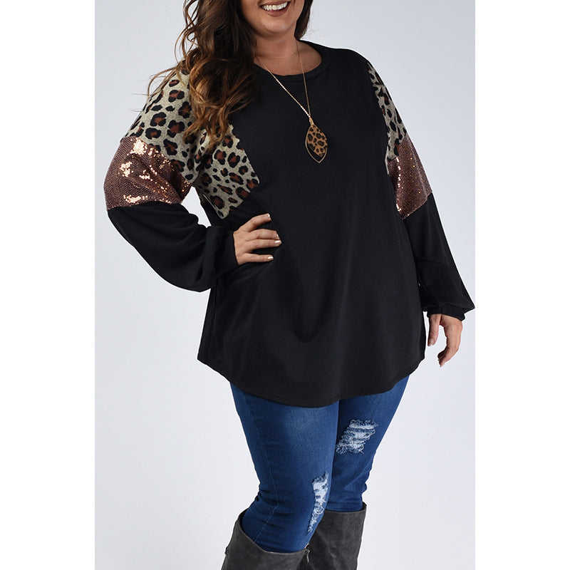 Leopard Print Long Sleeve Sequin Pullover Sweatshirt