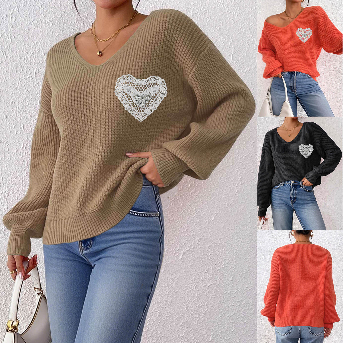 Women's V-neck Lace Brick Bow Patchwork Pocket Pullover Top