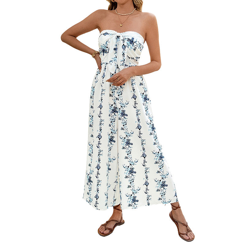 French-style Resort Halter Floral Print Wide-leg Jumpsuit