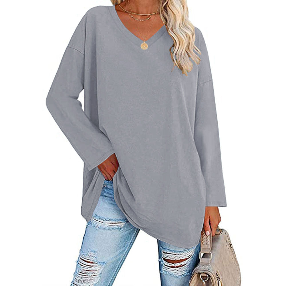 Oversized V-Neck Drop-Shoulder Casual Cotton T-Shirt