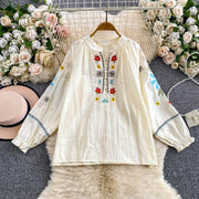 Floral Embroidered Puff Sleeve Shirt – Vintage Boho Look
