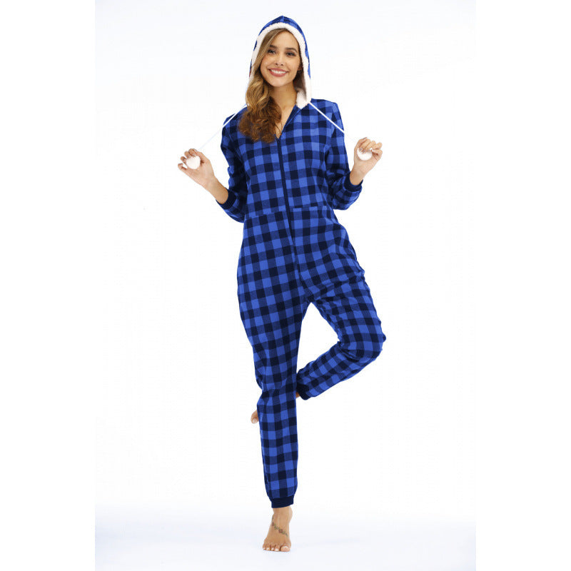 Women's Plaid Hooded Cotton Jumpsuit Casual Romper