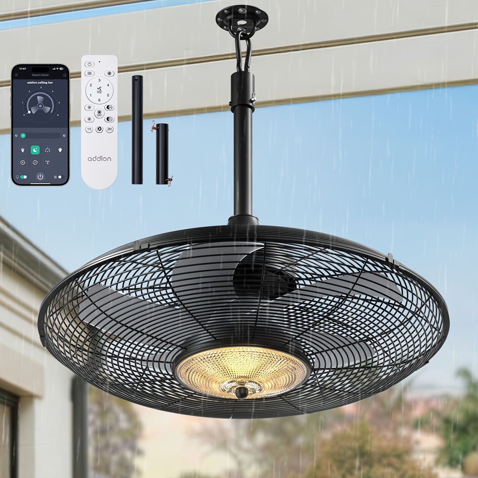 Outdoor Ceiling Fan with Lights, IP54 Waterproof, Remote Control, Timer, Smart App, Reversible Motor, 6 Speeds, 3‑Light CCT