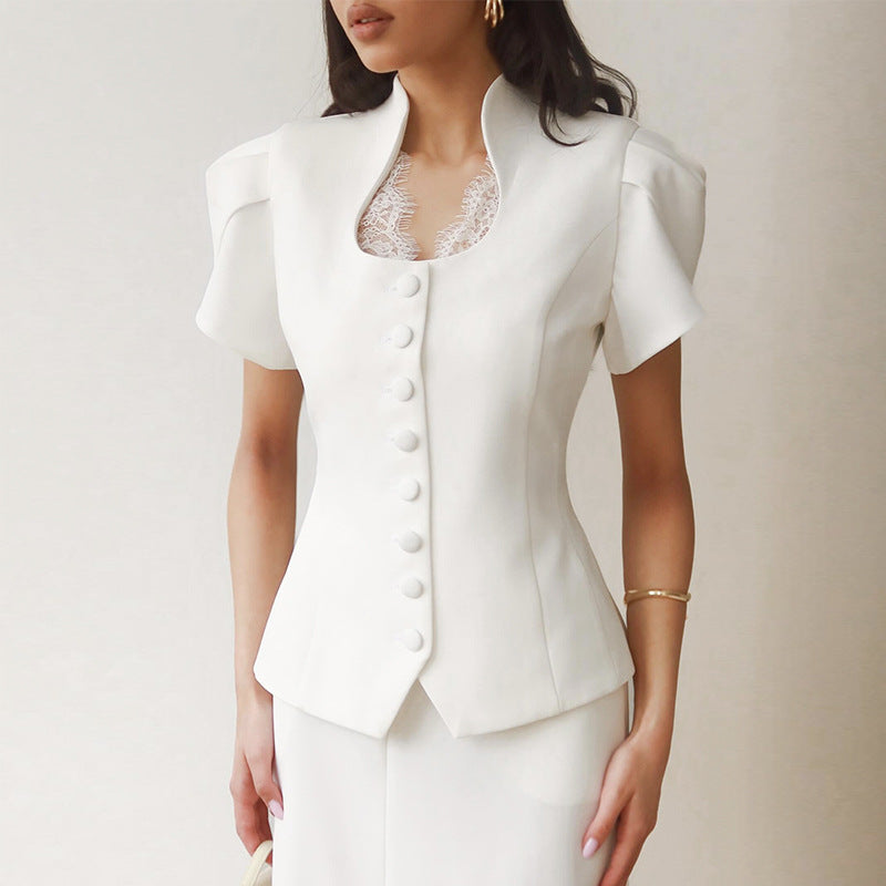 Women's Elegant Button-Front Lace-Patchwork Shirt