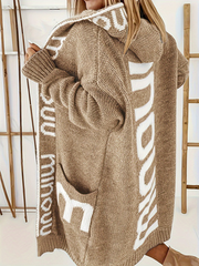 Women Loose Mid-length Hooded Knit Cardigan, Contrast Letter Jacquard Pockets Lazy Style Thick Sweater Coat for Fall Winter