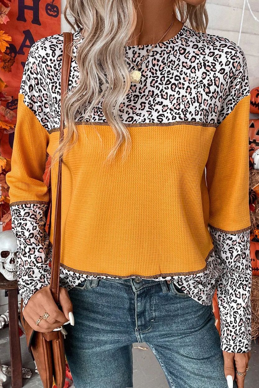 Leopard Splicing Waffle Knit Pullover Sweater