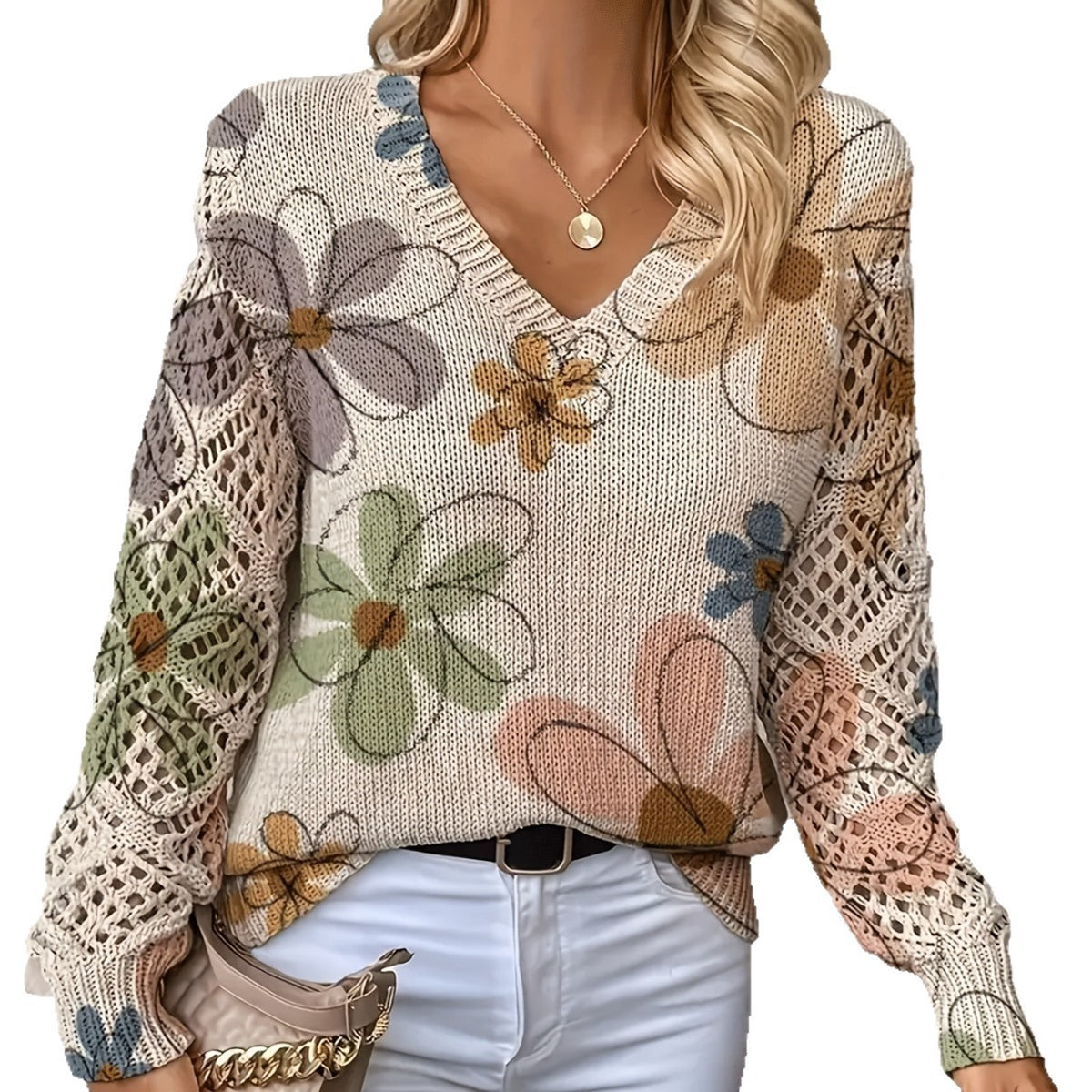 Elegant Bohemian Floral V-neck Long Sleeve Fashion Printed Sweater