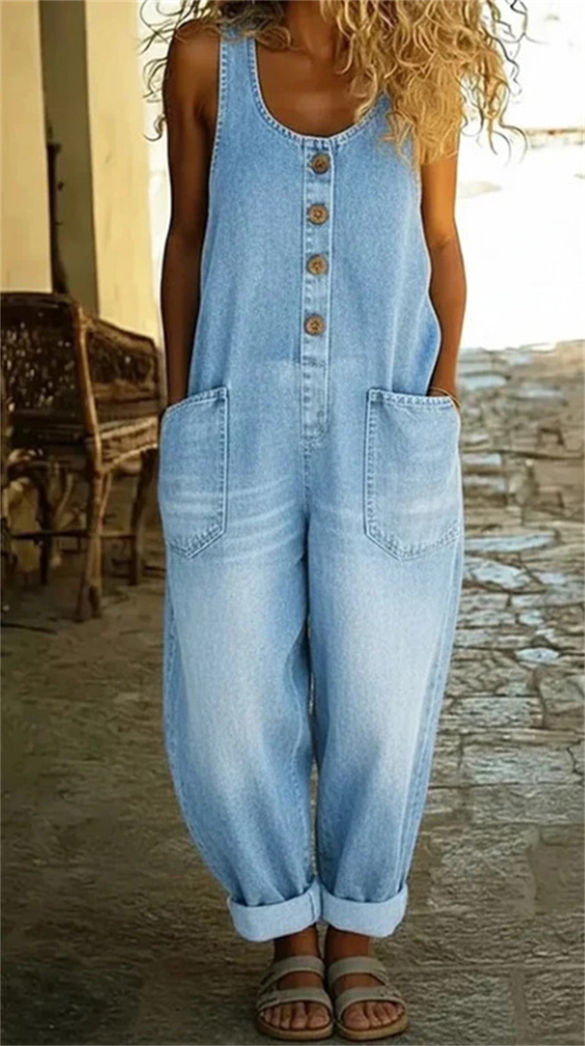 Womens Sleeveless Pocket Denim Jumpsuit