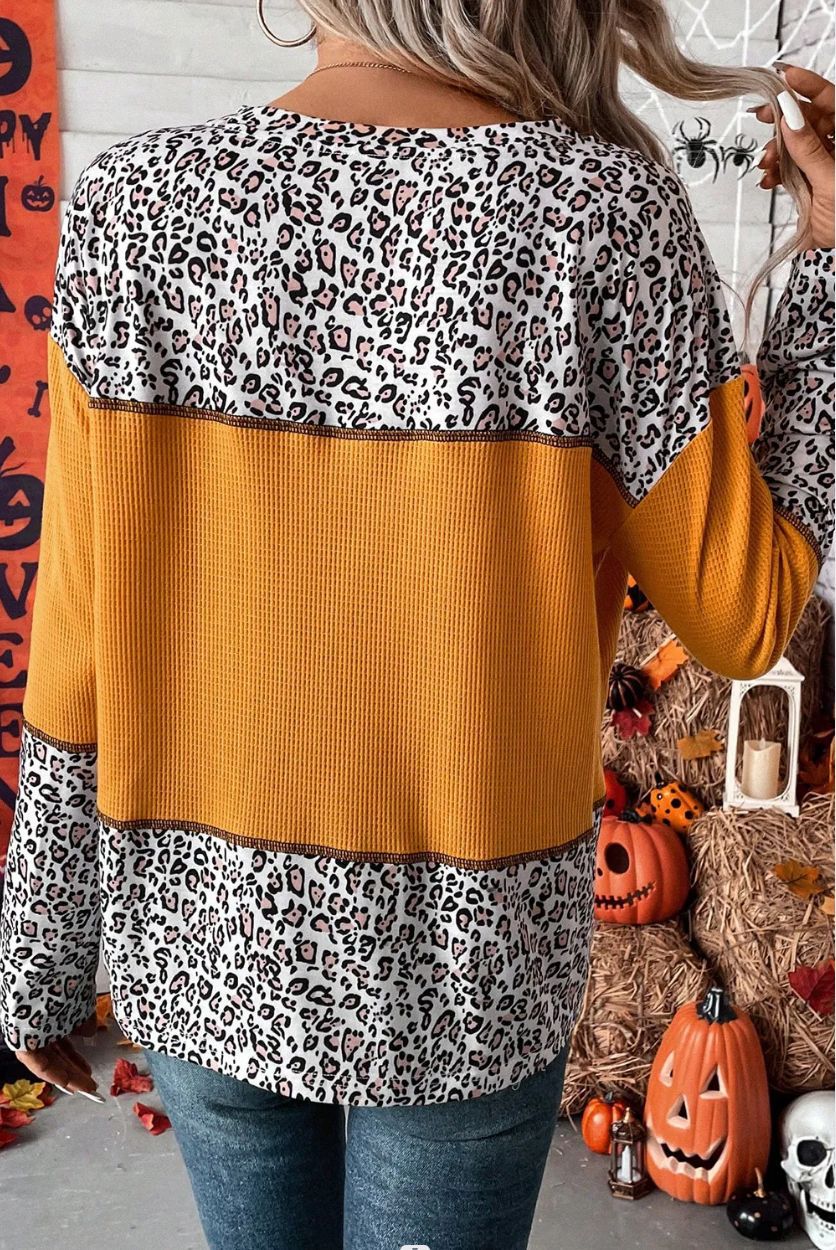 Leopard Splicing Waffle Knit Pullover Sweater
