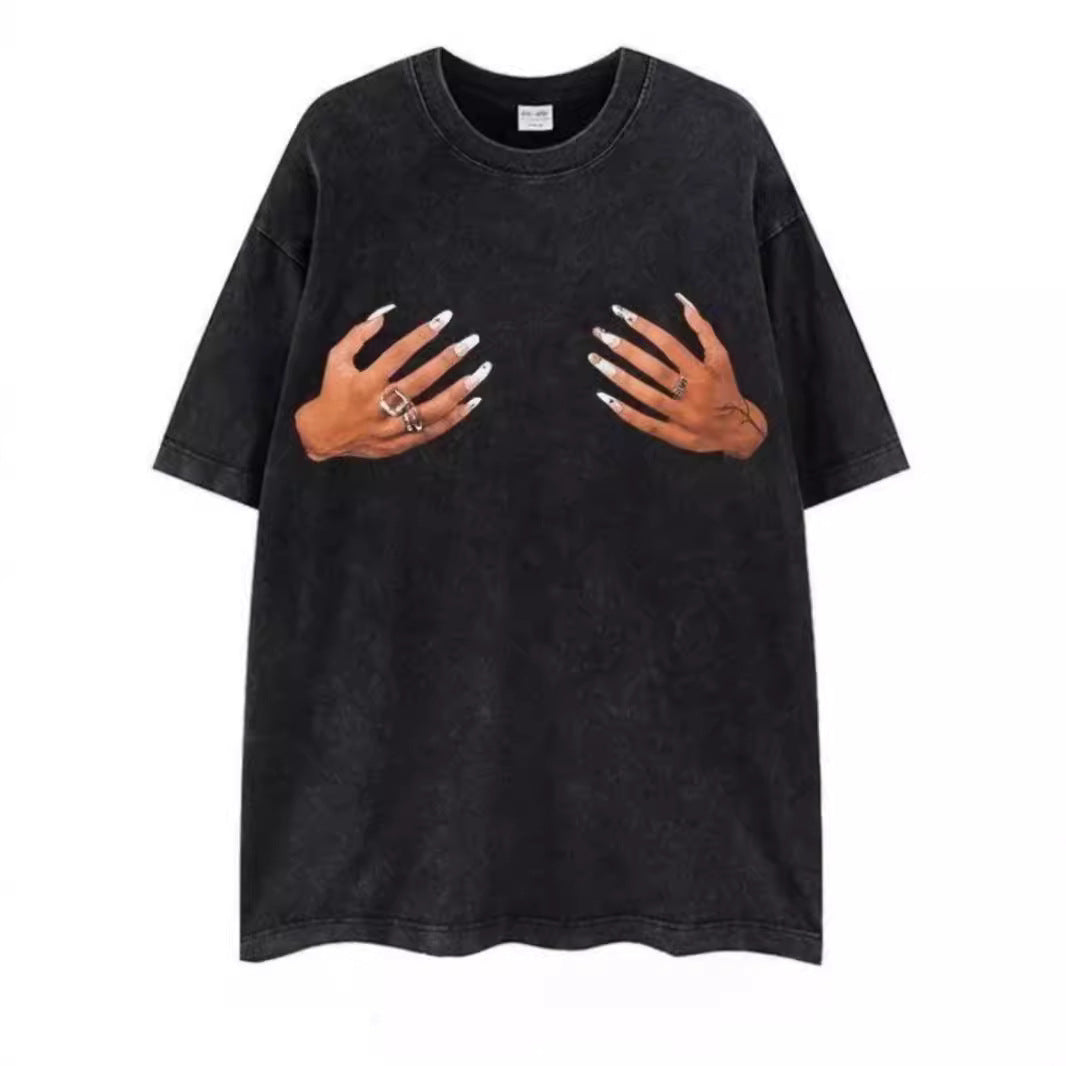 Retro Black Distressed Fingerprint Tee – Casual Short Sleeve
