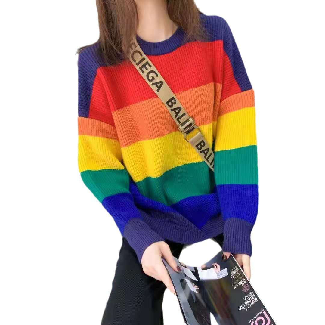 Rainbow Sweater Women's Loose-fit Outerwear Korean Style