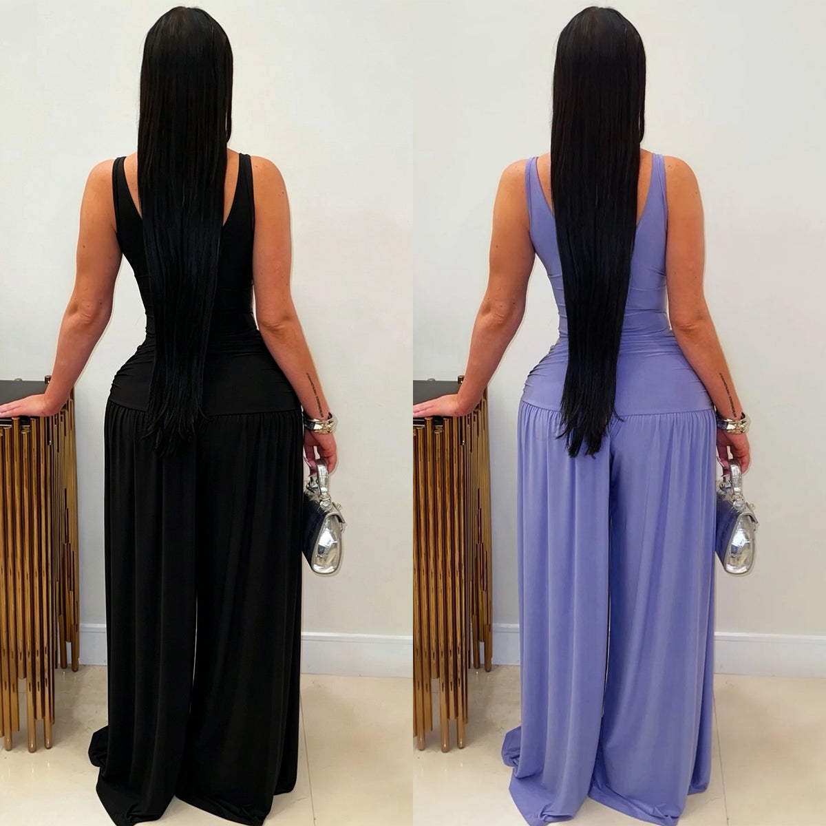 Women's Solid U-Neck High-Waist Wide-Leg Jumpsuit