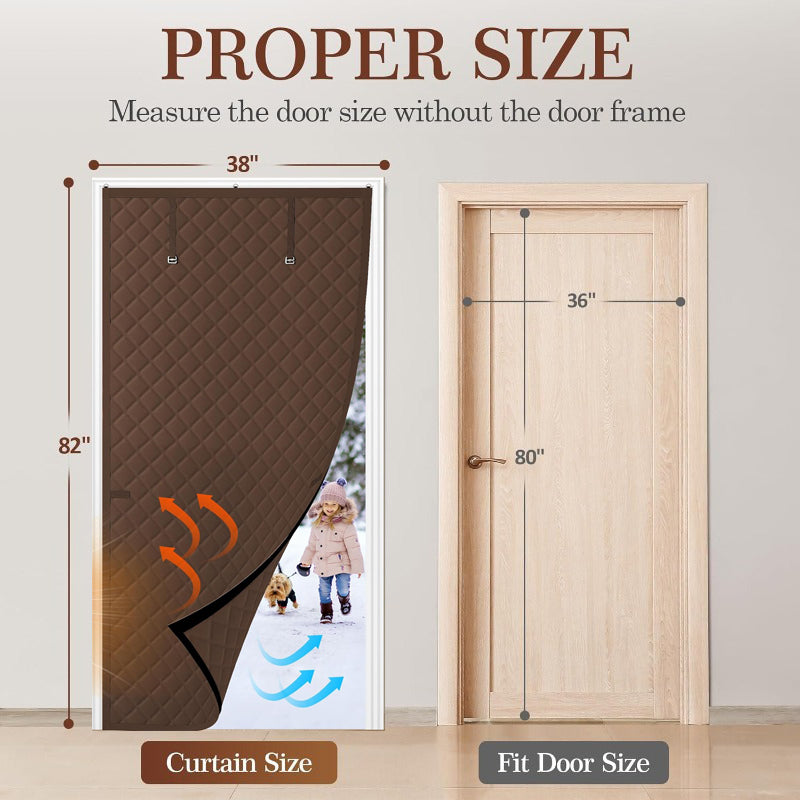 Magnetic Thermal Insulated Door Curtain, Diamond Grid Thick Cotton, Windproof Soundproof Drape, Roll Up Design, Winter Cold Protection