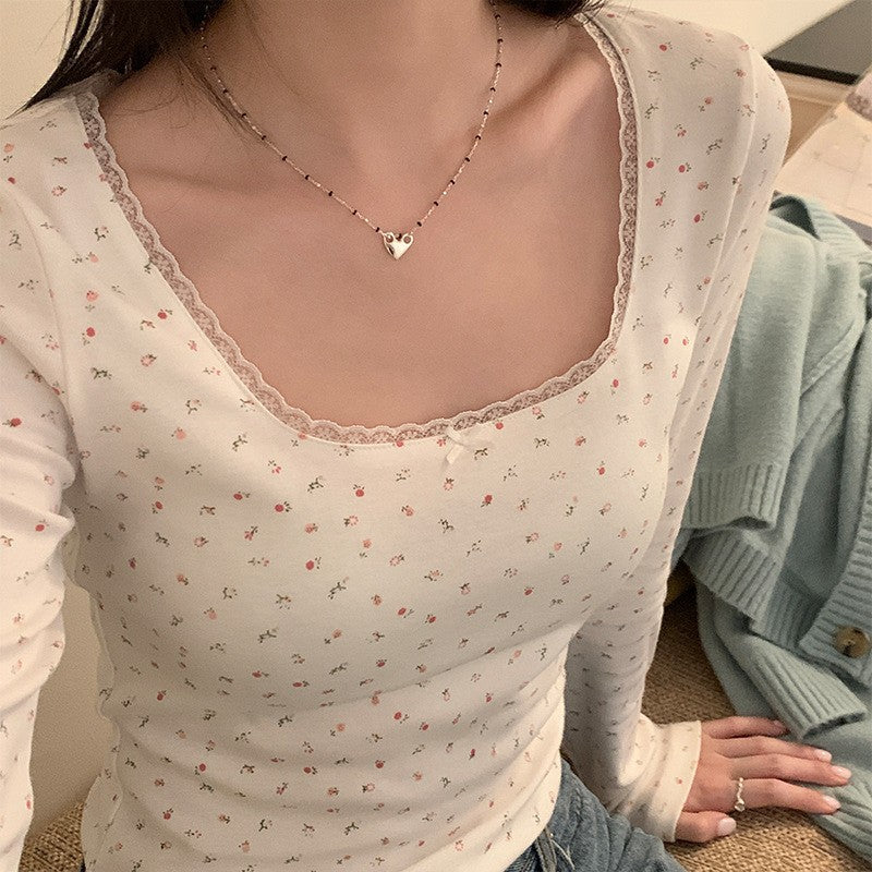 Floral Lace Long Sleeve Slim Crop Top