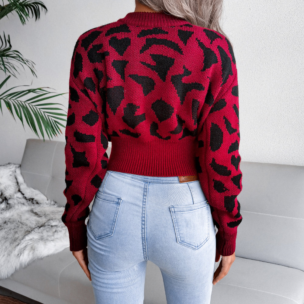 Women Casual Leopard Print Cinched Knit Cropped Sweater
