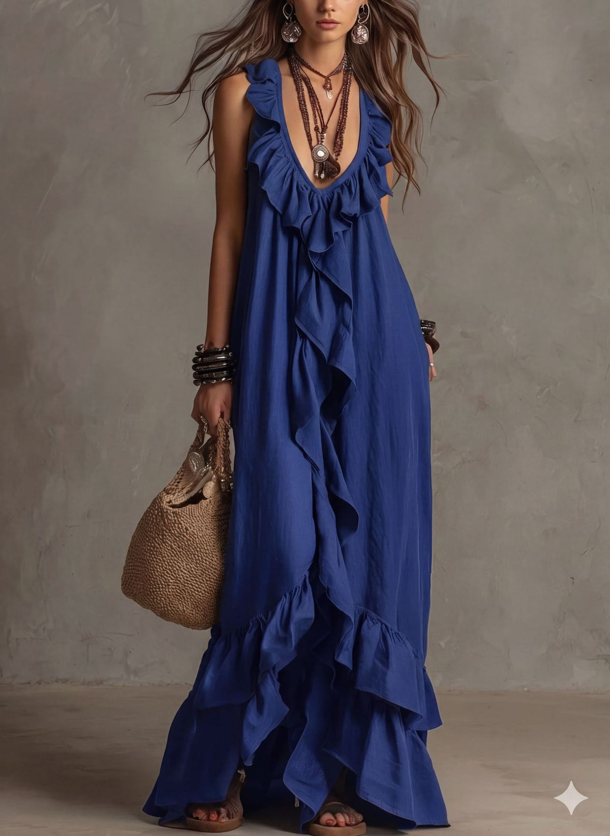 Bohemian V-Neck Ruffled Retro Dress