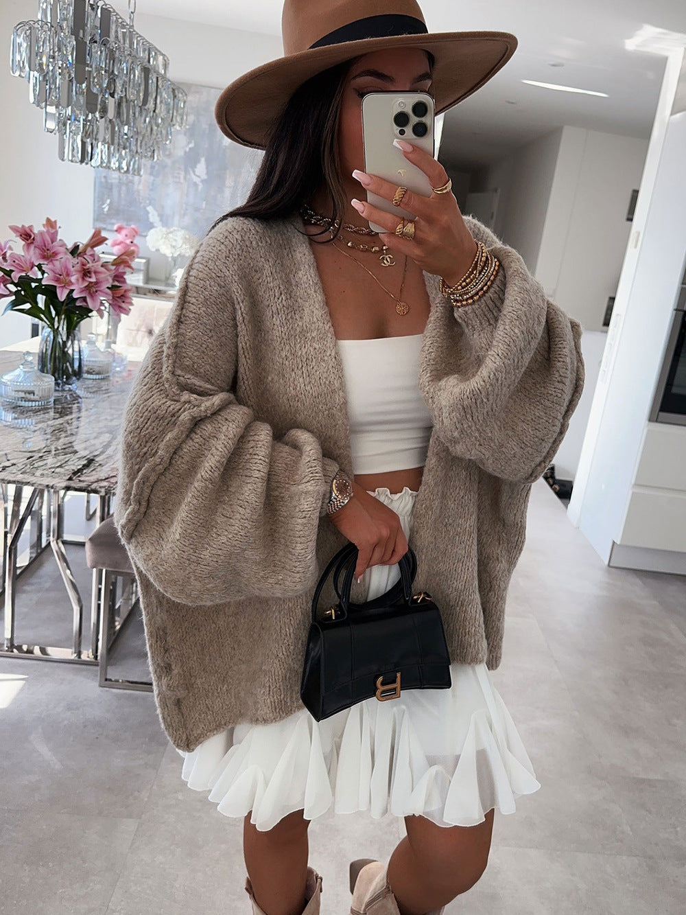 Casual Loose Solid Color Mid-length Knitted Sweater for Women