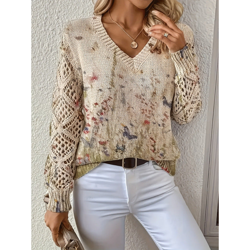 Elegant Bohemian Floral V-neck Long-sleeve Top