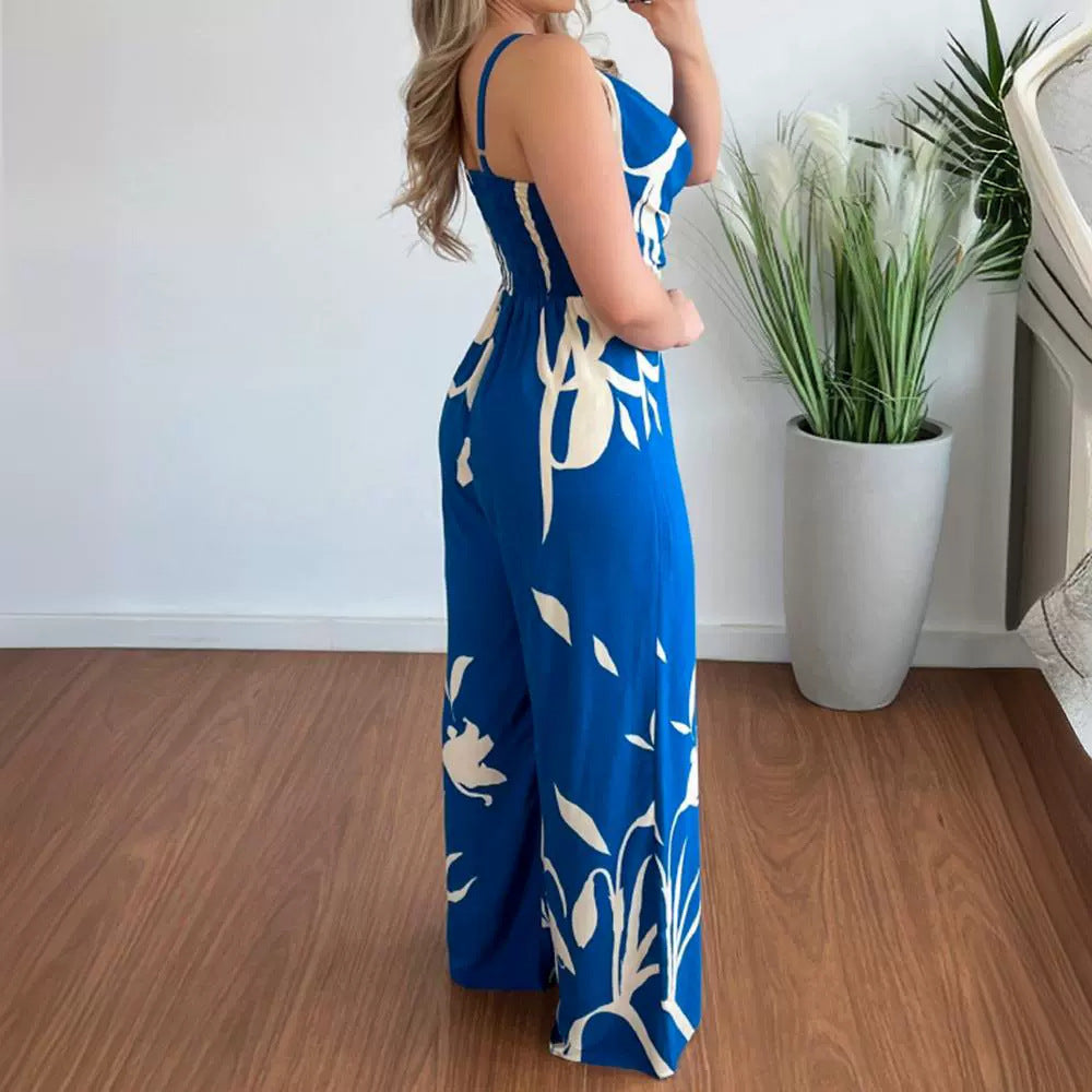 Chic Printed Wide-Leg Jumpsuit with Suspender Waist