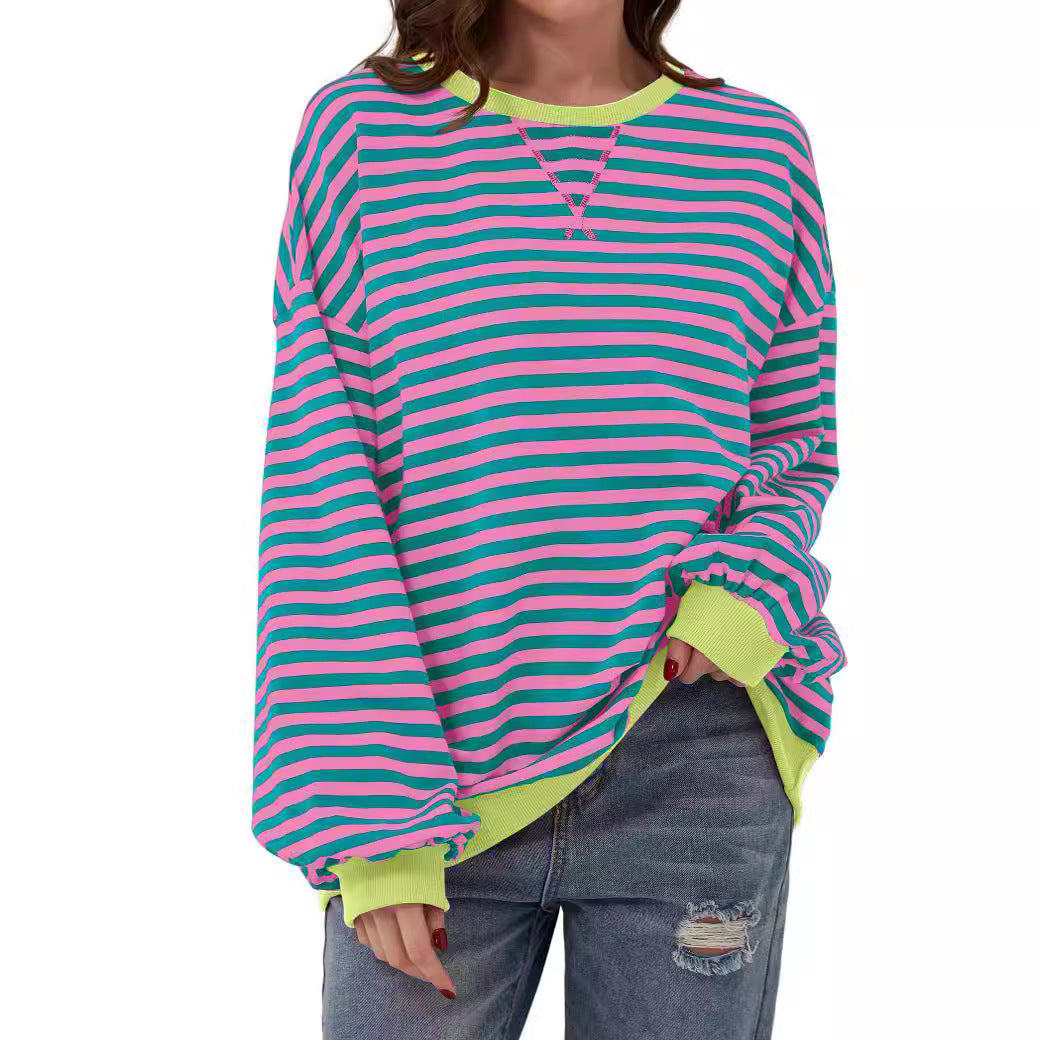 Casual Striped Round Neck Long Sleeve Slim Pullover Top