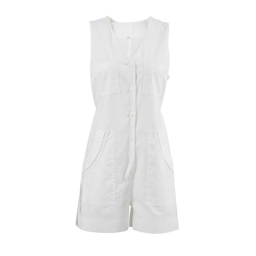 White V-Neck Cotton Linen Short Wide Leg Jumpsuit