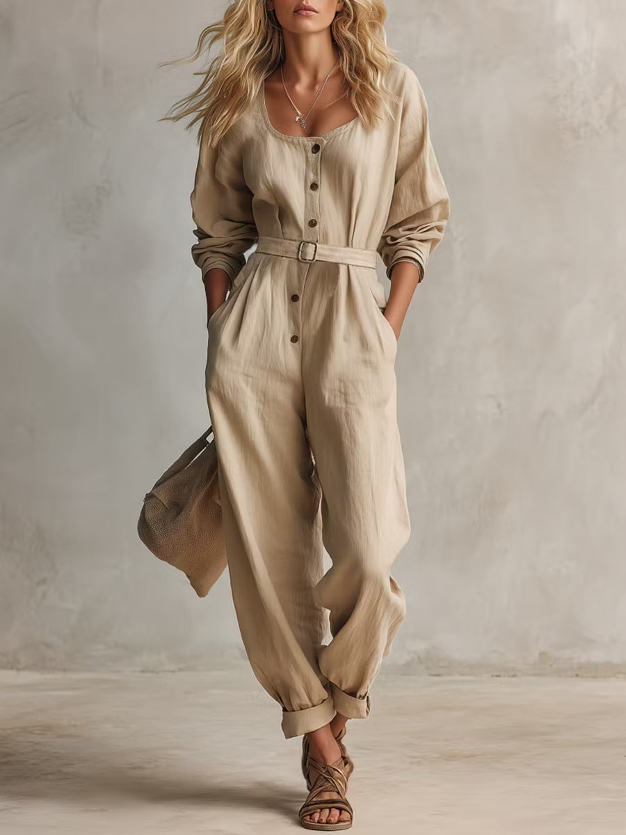 Women's Elegant Square Neck Long Sleeve Linen Jumpsuit