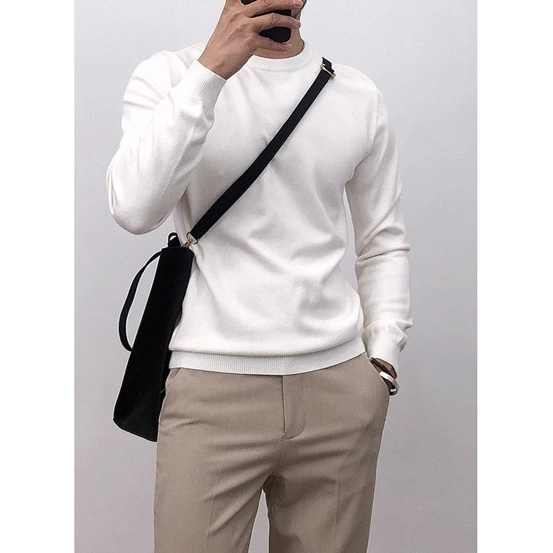 Solid-color Crew-neck Base Knit Sweater Mens Pullover