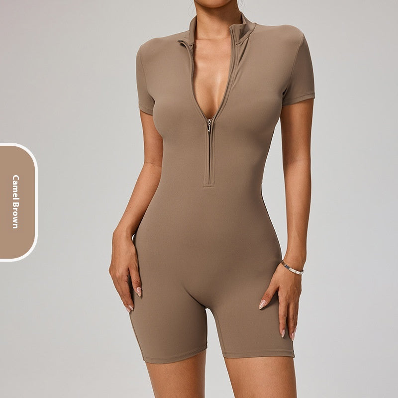 Women's Short Sleeve Zipper Sports Yoga Jumpsuit