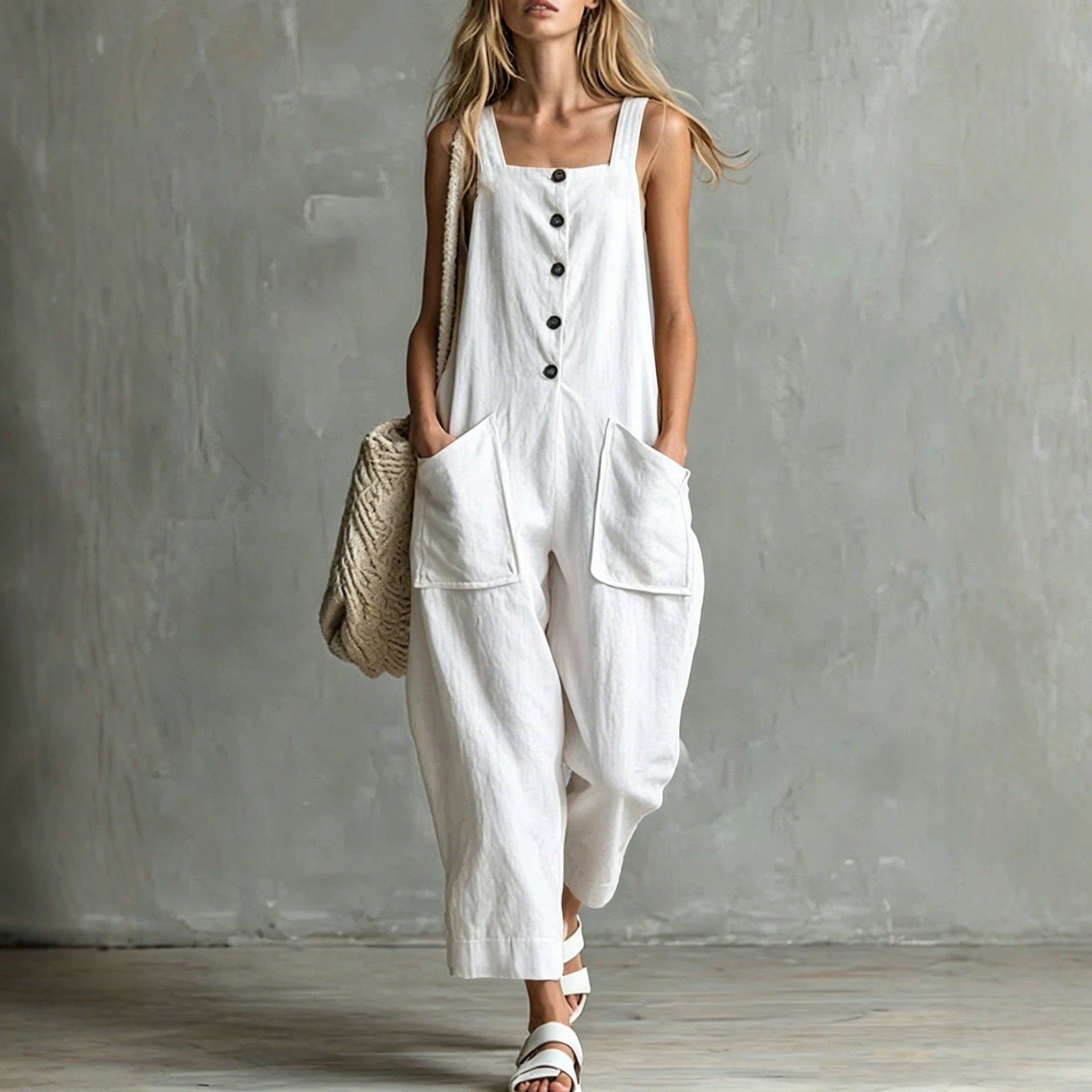 Wide-Leg Linen Overalls with Pockets