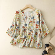 Cotton-Linen Floral Top Womens Three-Quarter Sleeve Loose Belly-Covering Slimming Short-Sleeve T-Shirt