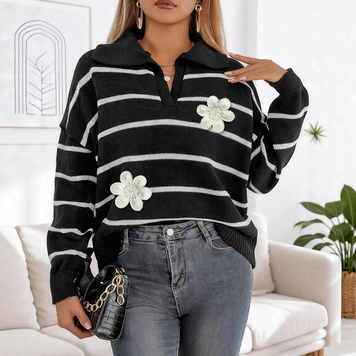Womens European and American-style Sweater Top with Color-block Striped Patchwork