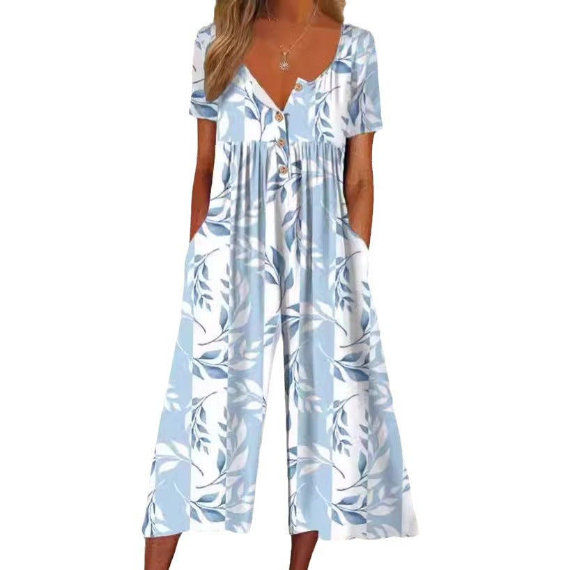 European And American Spring And Summer Hot-selling Printed Pocket Button Jumpsuit