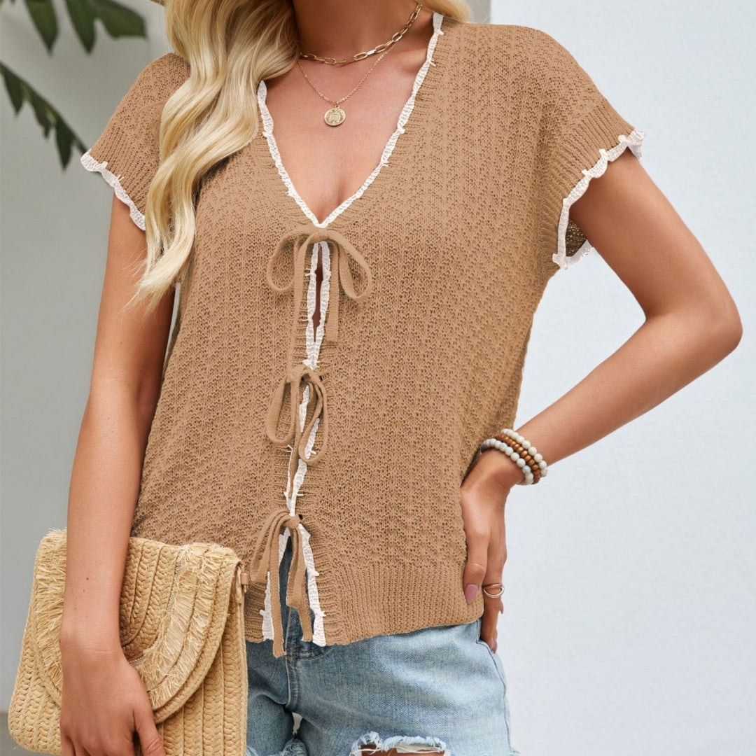 Color-block V-neck Lace-up Short-sleeve Knit Midriff-baring Cardigan