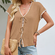 Color-block V-neck Lace-up Short-sleeve Knit Midriff-baring Cardigan
