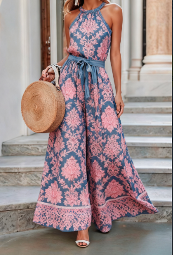 Vintage Summer Slim-fit Belted Wide-leg Jumpsuit