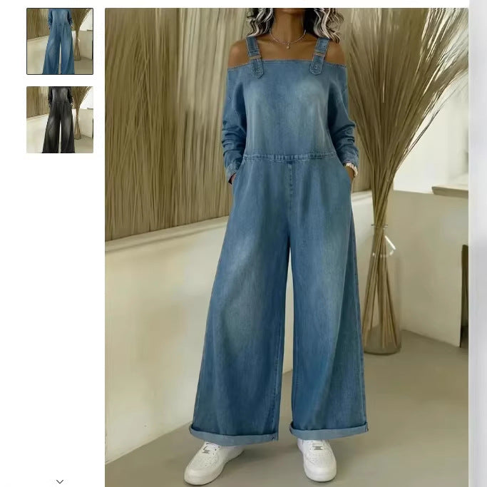 Womens Denim Printed Long-Sleeve Loose Casual Jumpsuit With Pockets