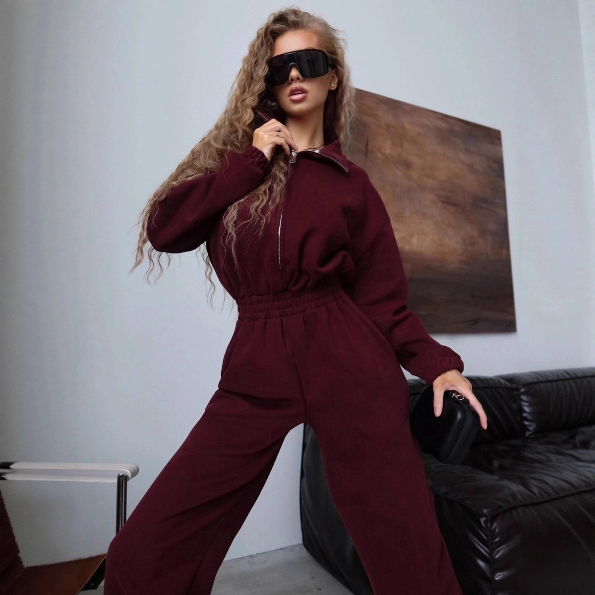 Women's Long-Sleeve Zip-Front Collared Jumpsuit
