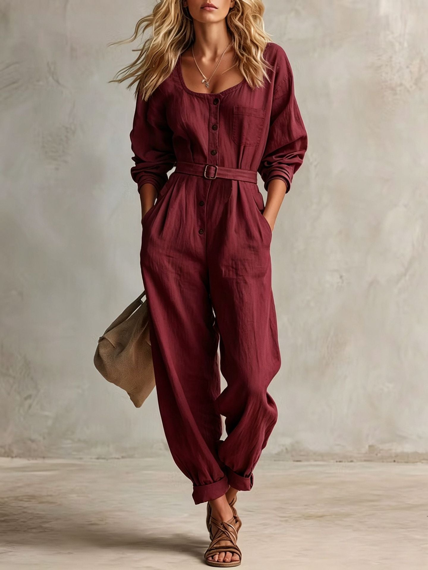 Women's Elegant Square Neck Long Sleeve Linen Jumpsuit