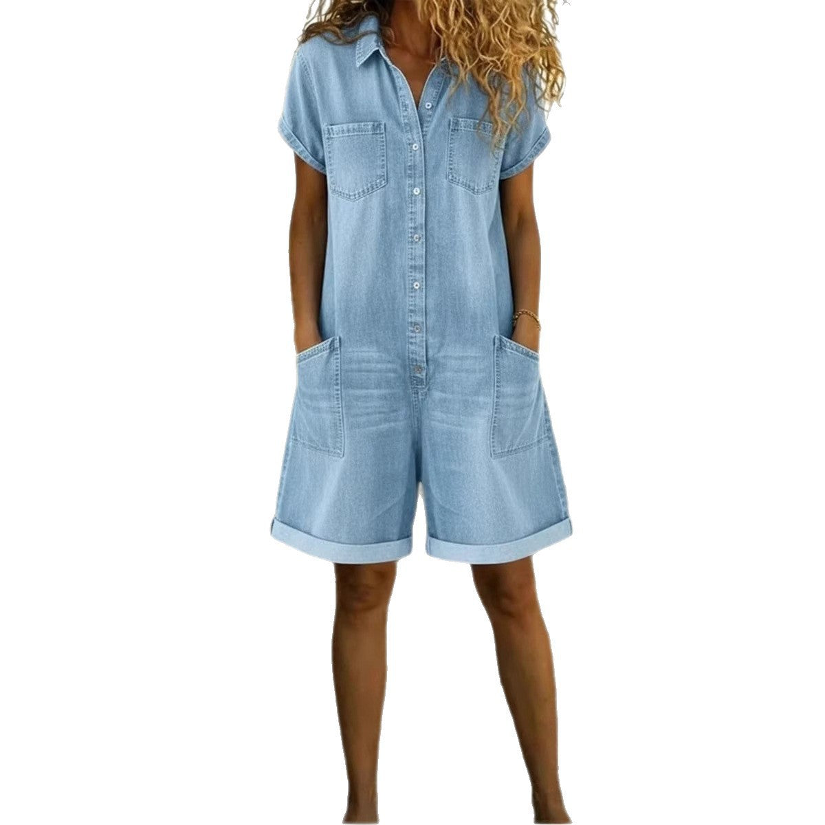 Washed Denim Short-Sleeve Pocket Jumpsuit