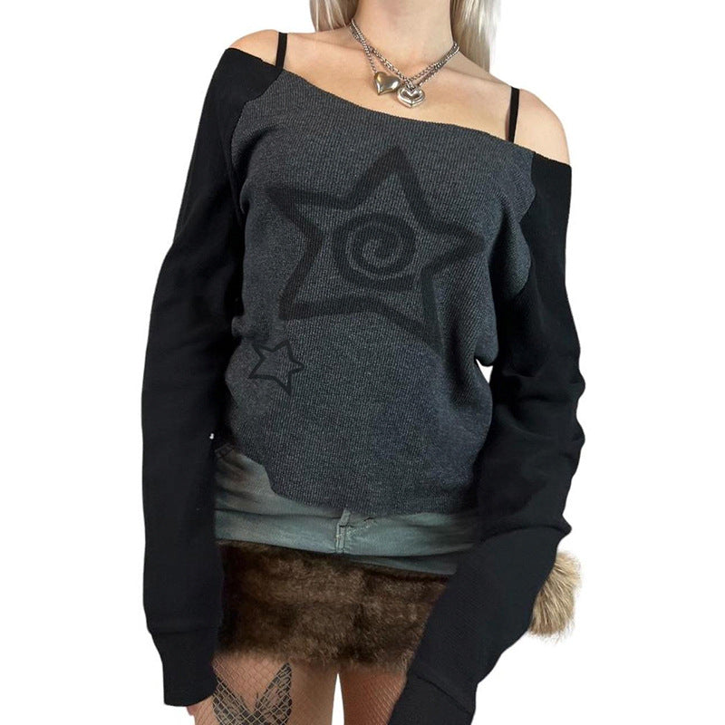 Backless Star Print Contrast Color Knit Sweater