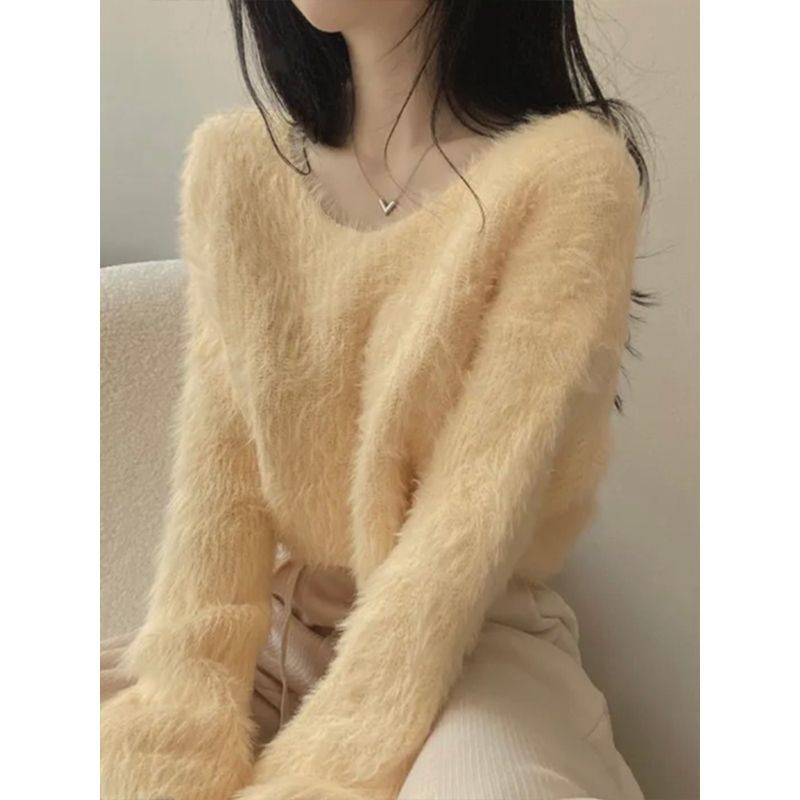 Imitation Mink V-neck Purple Sweater Women's Spring and Autumn Pure Desire