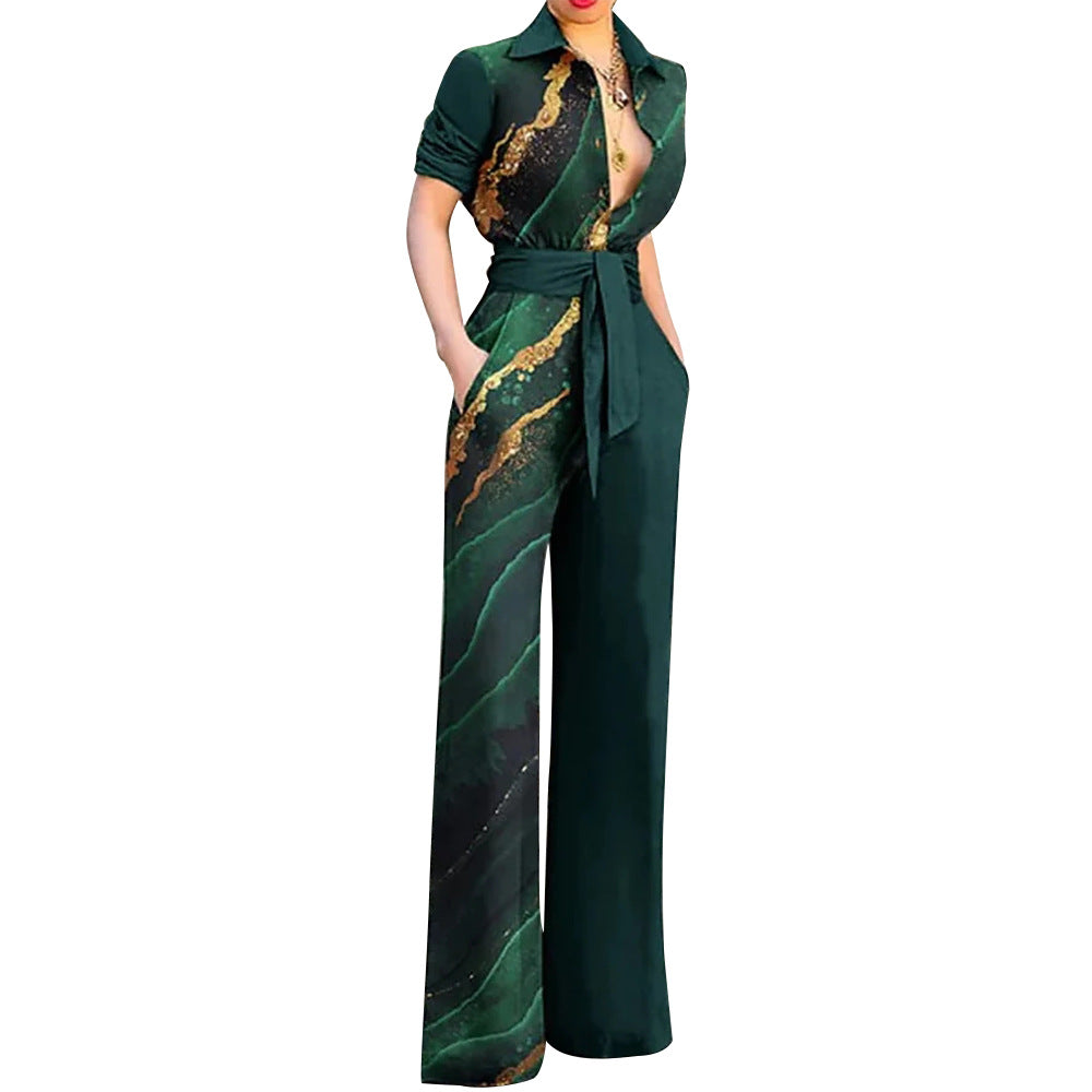 Women's Printed Long Sleeve Lapel Casual Jumpsuit