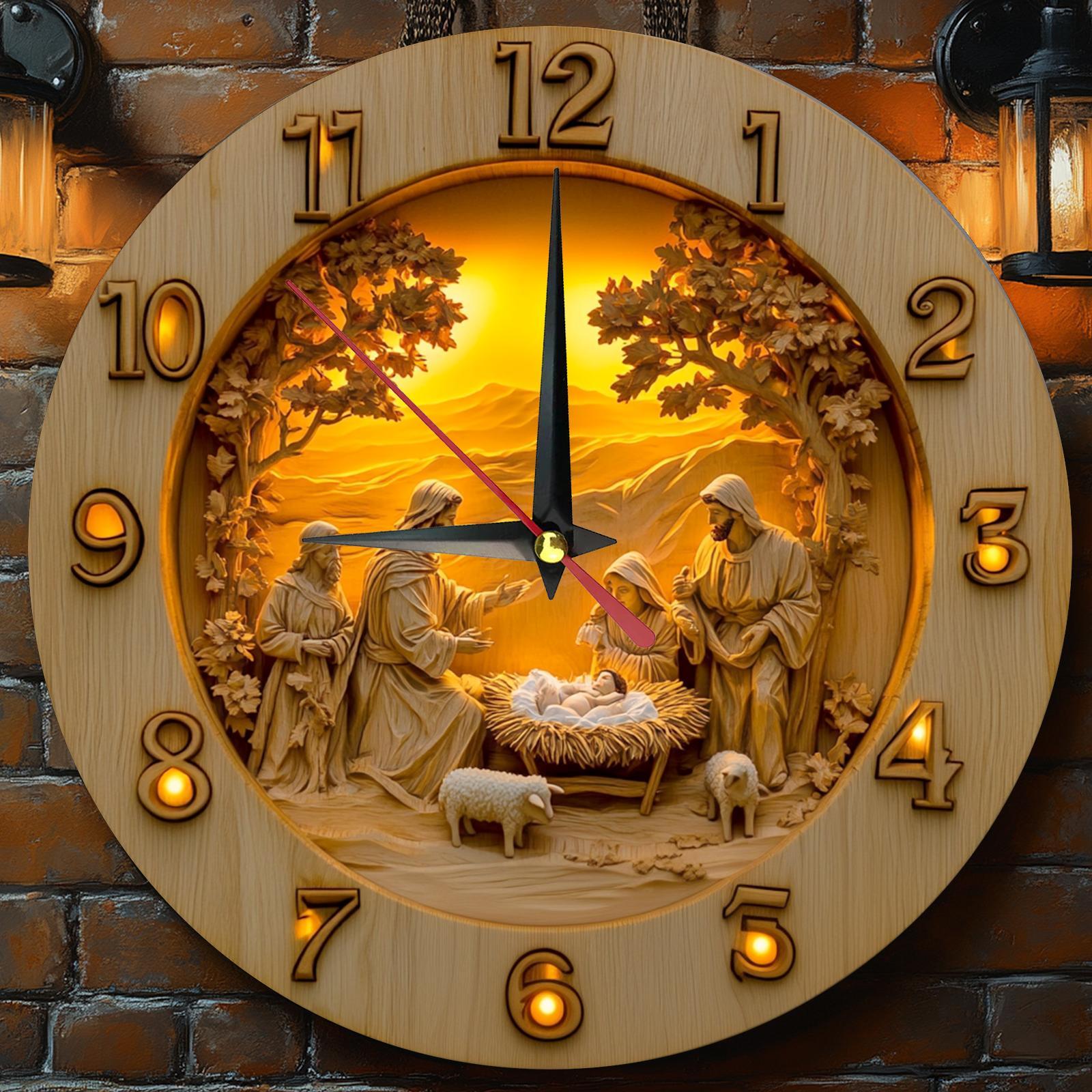 [1pc Vintage Jesus Wall Clock] 1pc 2D Vintage Jesus Nativity Scene Wooden Round Wall Clock, 9.8x9.8 Inches, Silent, Farmhouse Style Home Decor for Kitchen, Bedroom, Office, Perfect Mother's Day Gift, Battery Not Included