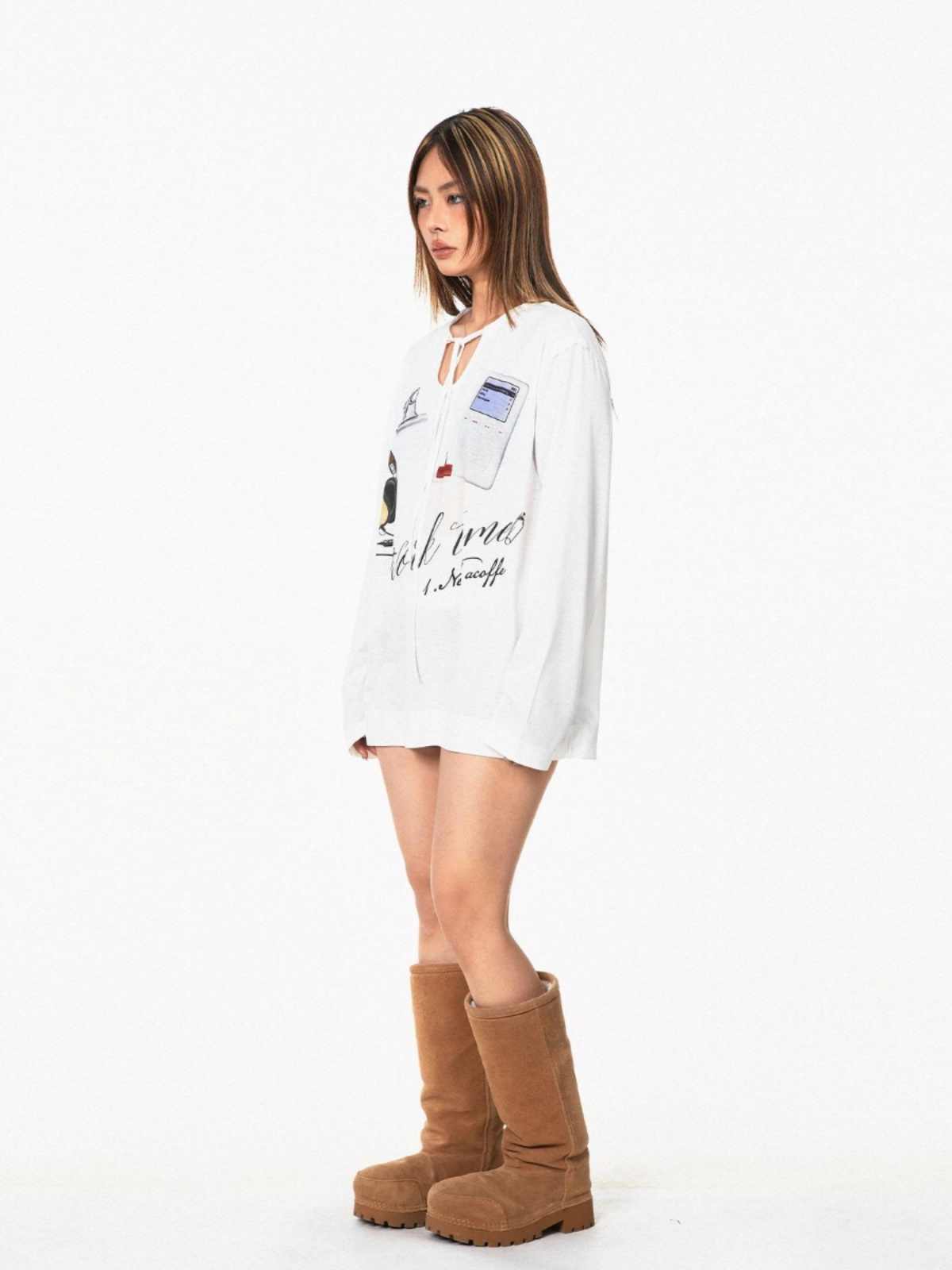Printed Lace Up V-neck Long-sleeved T-shirt Women's Tops Casual Bottoming Shirt