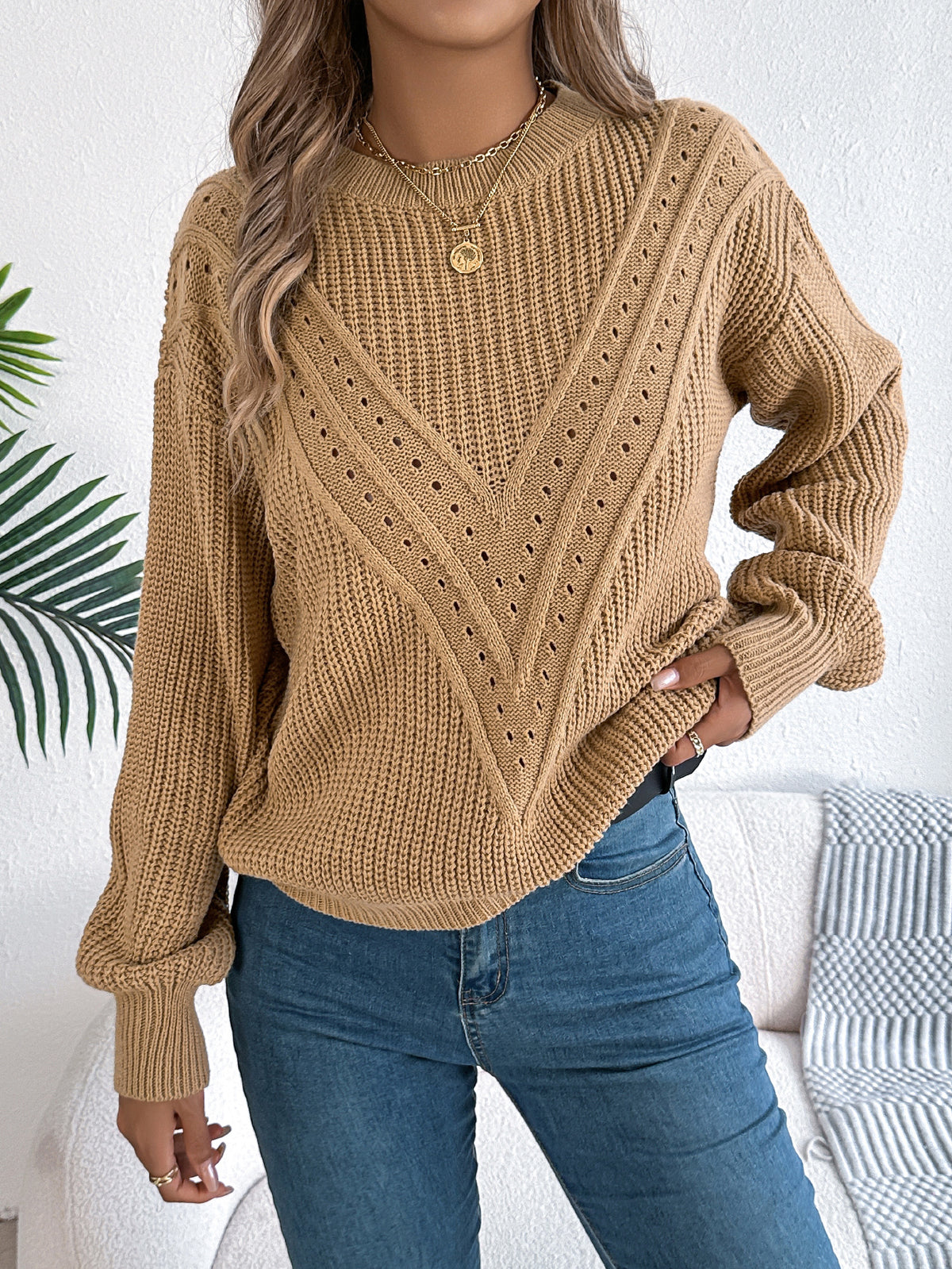 Women Casual Solid Color V-neck Hollow Out Lantern Sleeve Pullover Sweater