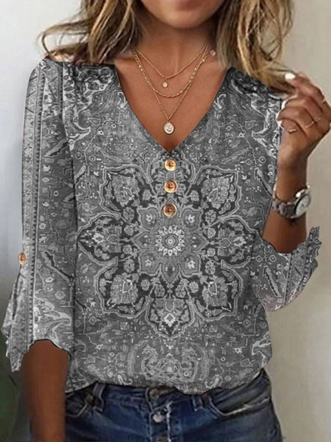 Floral V-Neck Flared Sleeve T-Shirt