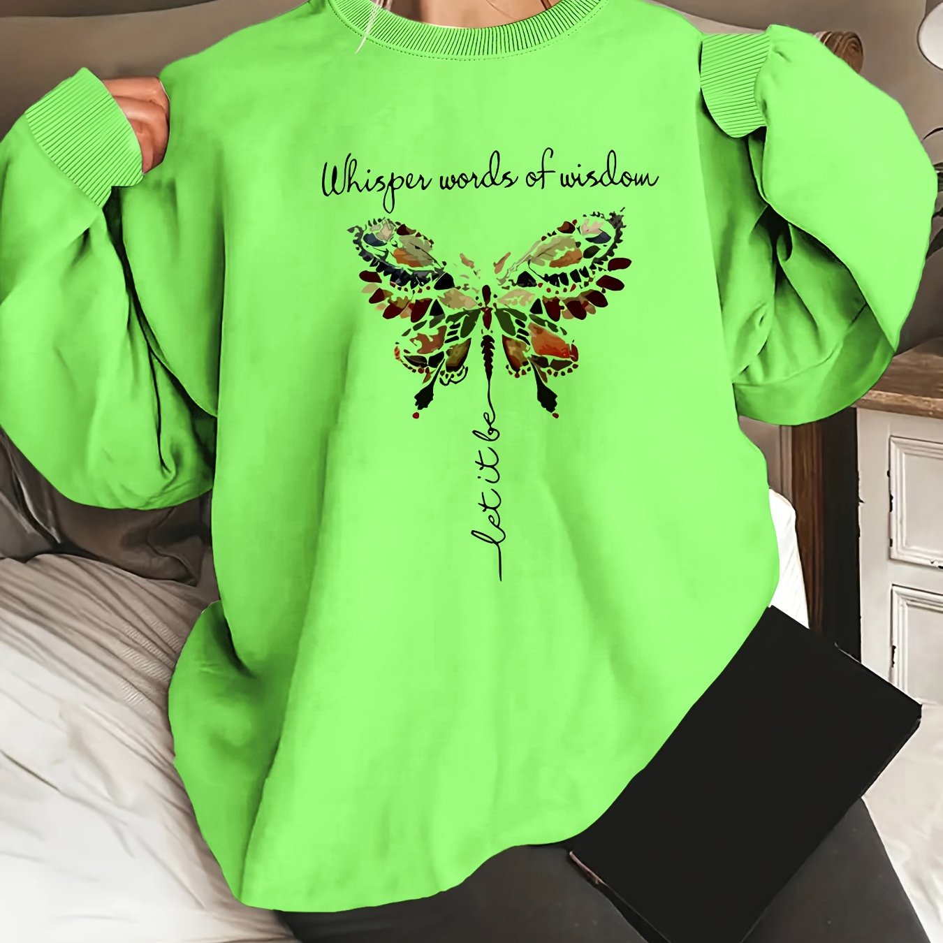 Women's Oversized Butterfly Graphic Long Sleeve Sweatshirt, Round Neck, Casual, Machine Washable